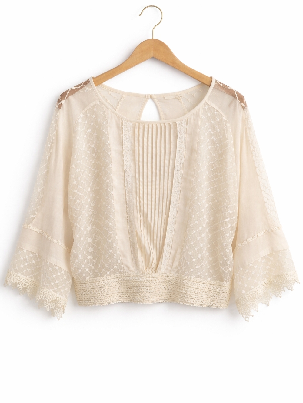 RYU Cream Ethereal Lace & Pintuck Blouse, L, Boho, Romance, Victorian, Festival